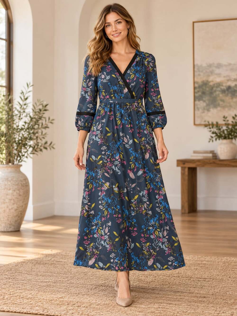 Banana Republic Floral Maxi Dress Size 4 Navy Long Sleeve Faux Wrap V Neck